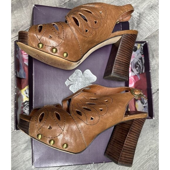 Lucky Brand Leather Heels Womens 9.5 Brown Boho Slingback Peep Toe Block w/Box - Picture 4 of 8